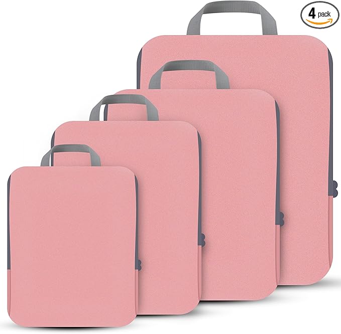 PANDA JOYS 4 Set Compression Packing Cubes Travel - Travel Accessories Expandable Packing Organizers for Carry On - Essentials Luggage Bags - Pink