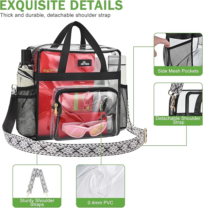 MAY TREE Clear Bag for Stadium Events, 12x6x12 Clear Tote Bag with Removable Strap, Transparent Bag for Concert Sports Gym, White Block-Strap