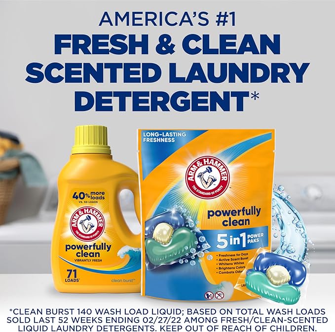 Arm & Hammer Clean Burst 5-in-1 Laundry Detergent Power Paks, High Efficieny (HE), 42 Count