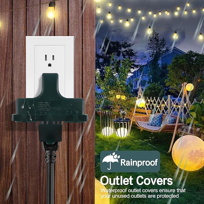 3-Prong Grounded Outdoor Wall Adapter, UL Listed Outlet Splitter, Weatherproof Heavy Duty Multi Power Plug Extender with Dust-Proof Cover, Green (2 Pack)