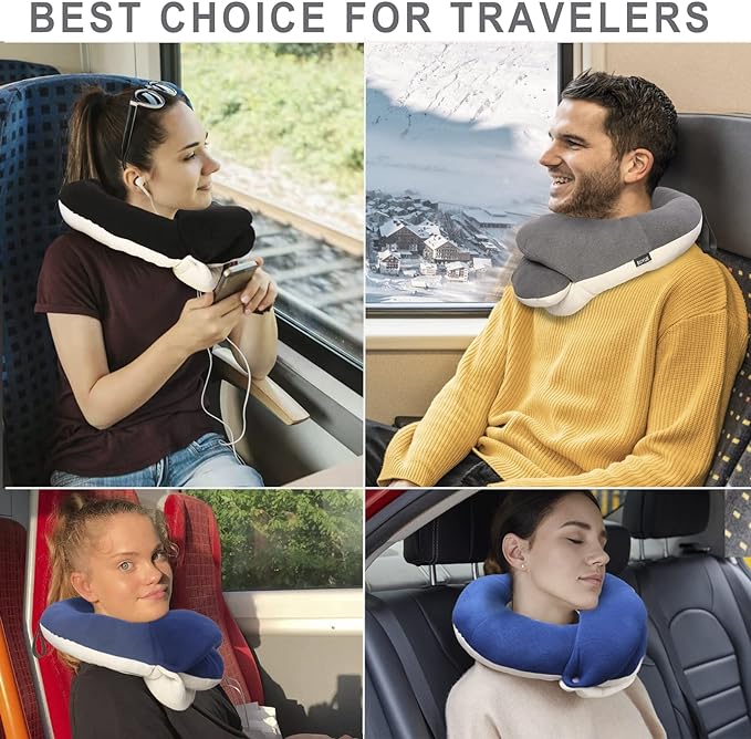 BUYUE Travel Neck Pillows for Airplanes, Memory Foam 360° Head Support Sleep for Long Flight, Skin-Friendly & Breathable, Kit with Eye Mask, Earplugs and Storage Bag (Adult, Navy, 90+ lbs)