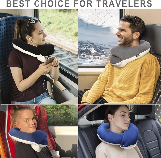 BUYUE Travel Neck Pillows for Airplanes, Memory Foam 360° Head Support Sleep for Long Flight, Skin-Friendly & Breathable, Kit with Eye Mask, Earplugs and Storage Bag (Adult, Grey, 90+ lbs)