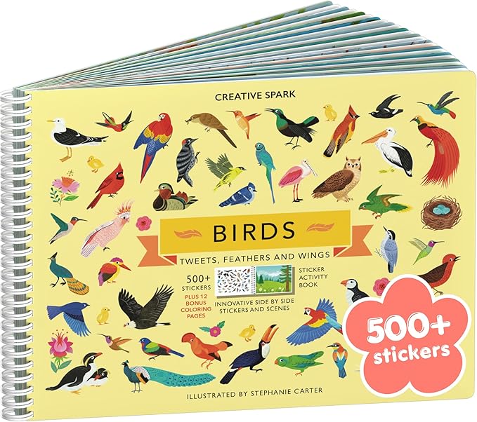 Cupkin Bird Sticker Book Activity for Kids, Toddler Airplane Travel Essentials, 500+ Parrot Stickers + 12 Scenes + 12 Coloring Book Pages, Bird Lover Kids Gift, Kid Crafts for Ages 2–8 Years