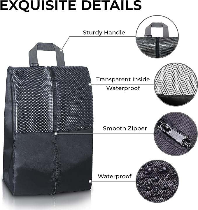 Shoe Bags For Travel, Used As For Storage or Shoe Travel Bag, Space Saving When Travelling With This Travel Shoe Bags For Packing, Featuring Waterproof Nylon Sneaker Bag. (Black, 2 Pack, Large)
