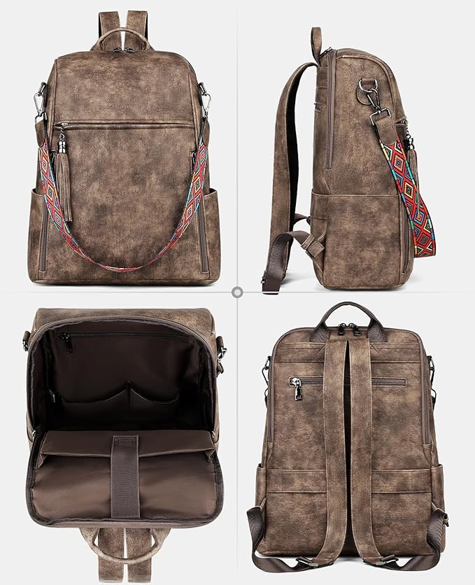 FADEON Leather Laptop Backpack for Women Designer 15.6 inch PU Laptop Bag, Ladies Travel Computer Work Backpack Grey