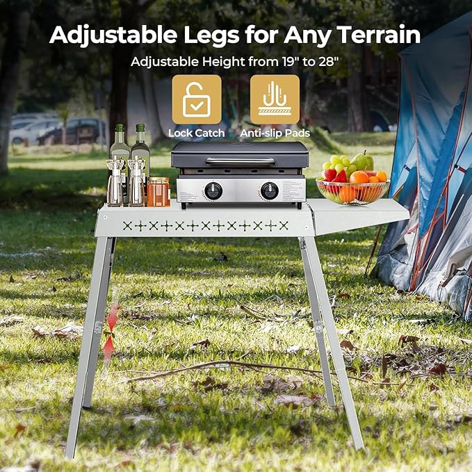 R.W.Flame 304 Stainless Steel BBQ Grill Table fits 20'' Tabletop Griddle, Adjustable Folding Grill Table,Outdoor Portable Camping Table for RV Picnic BBQ Beach