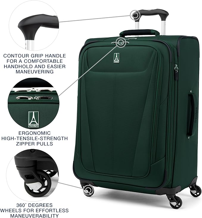 Travelpro Maxlite 5 Softside Expandable Luggage with 4 Spinner Wheels, Lightweight Suitcase, Men and Women, Forest Green, Checked-Medium 25-Inch