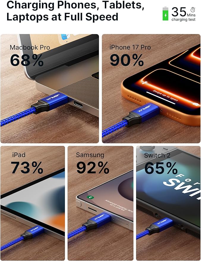 JSAUX 100W USB C to USB C Cable [2-Pack 3.3FT], Type C Fast Charging Cord for iPhone Air/iPhone 17/iPhone 17 Pro/iPhone 17 Pro Max, iPhone 16/15 Series, Galaxy S/Note Series, MacBook, iPad - Blue