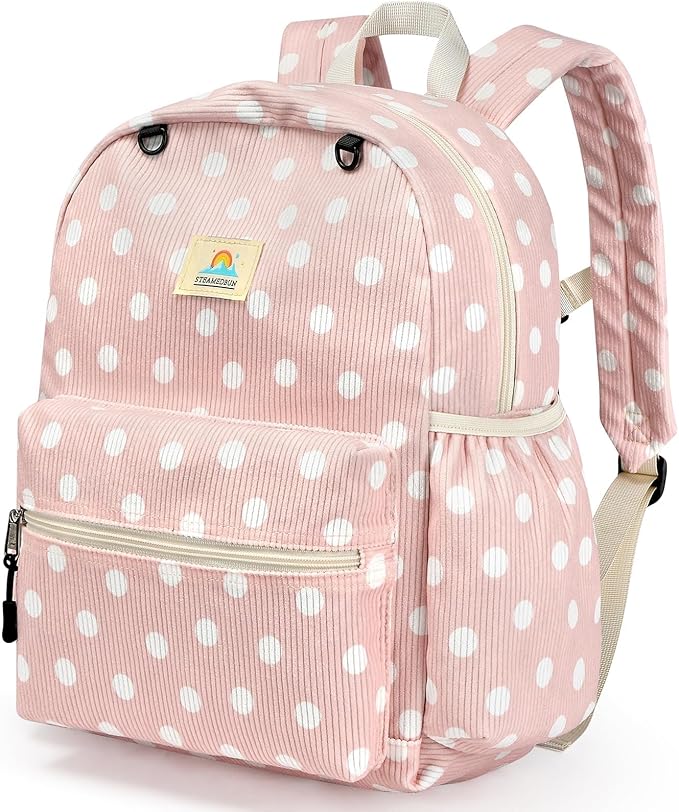 STEAMEDBUN Corduroy Kids Backpack for Girls and Boys 5-8: Girls Backpack for Elementary Kindergarten - 15 inch Cute Backpacks for Kids - Polka Dot