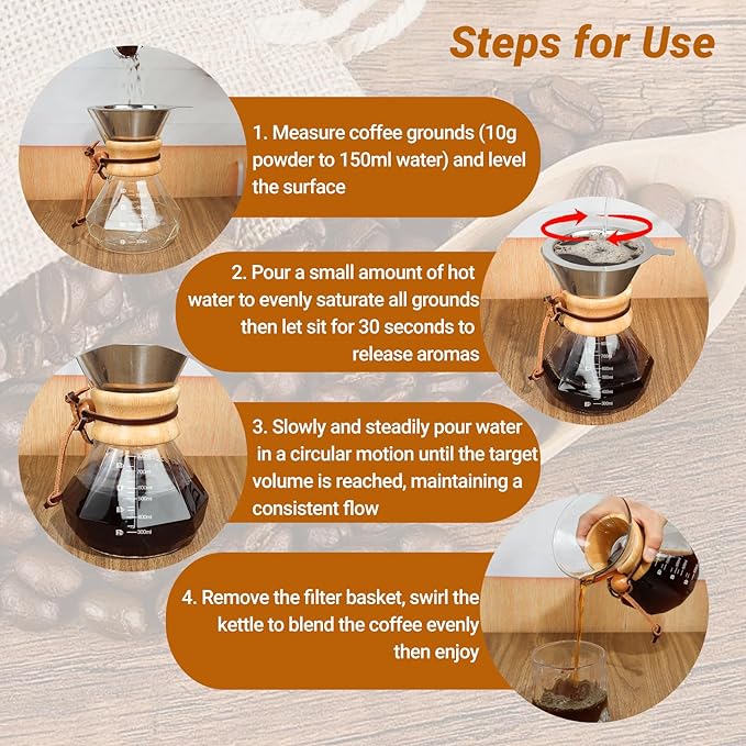 Coffee Pour Over 27.1oz 800ml High Borosilicate Glass Pour Over Coffee Maker Set Camping with Reusable 304 Stainless Steel Filter Hand Brew Carafe Drip Suitable for Electric Ceramic Stove