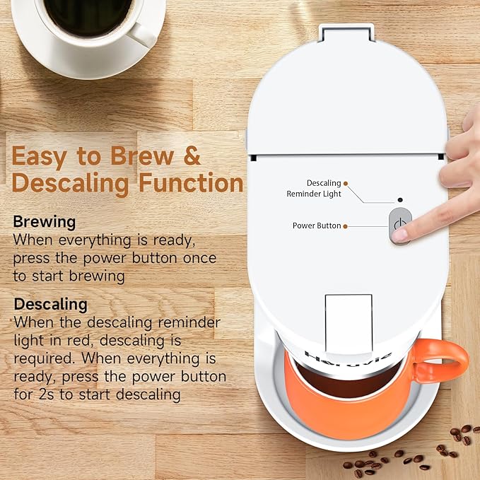 Horavie Small Single Serve Coffee Maker, Fast Brew One Cup Coffee Machine for K Cup and Grounds, 6 to 12 oz. Brew Sizes, Capsule Coffee Machine with Descaling Reminder and Viewing Tank, White