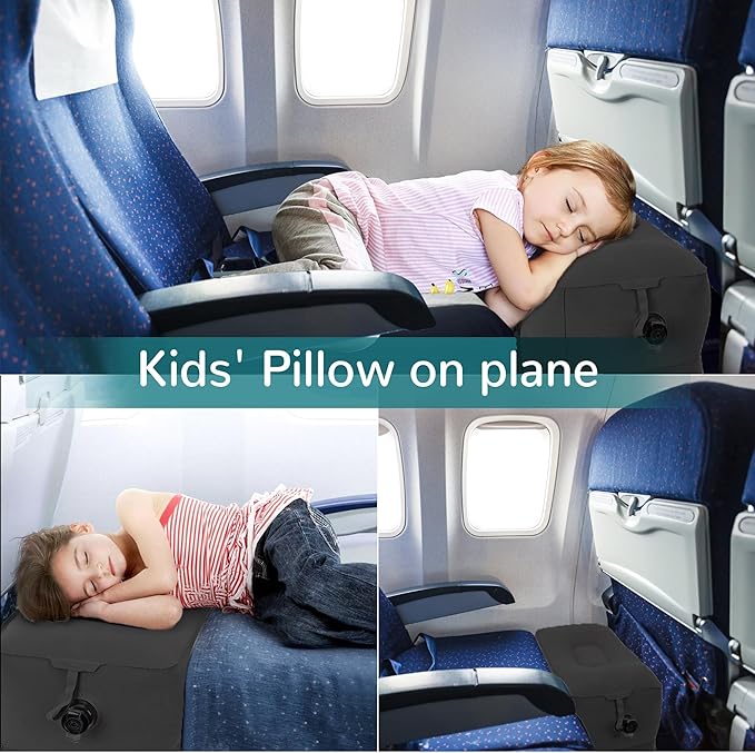 Inflatable Travel Foot Rest Pillow, Adjustable 3 Layers Height Leg Rest Pillow, Kids Airplane Bed, Adults Travel Essentials on Plane, Trains, Cars, Office, Home (Black, 1 PC)