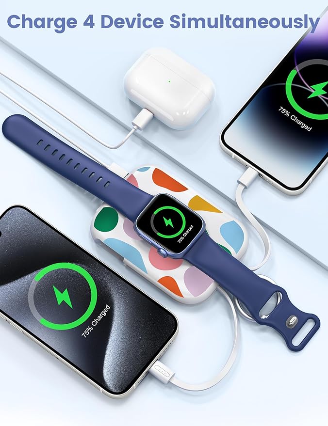 RORRY CharmGo Portable Charger, 5000mAh Portable Charger Power Bank with Built-in Cables, Travel Keychain Battery Pack for Apple Watch and iPhone Air/17/16/15/14/13/12, Graffiti