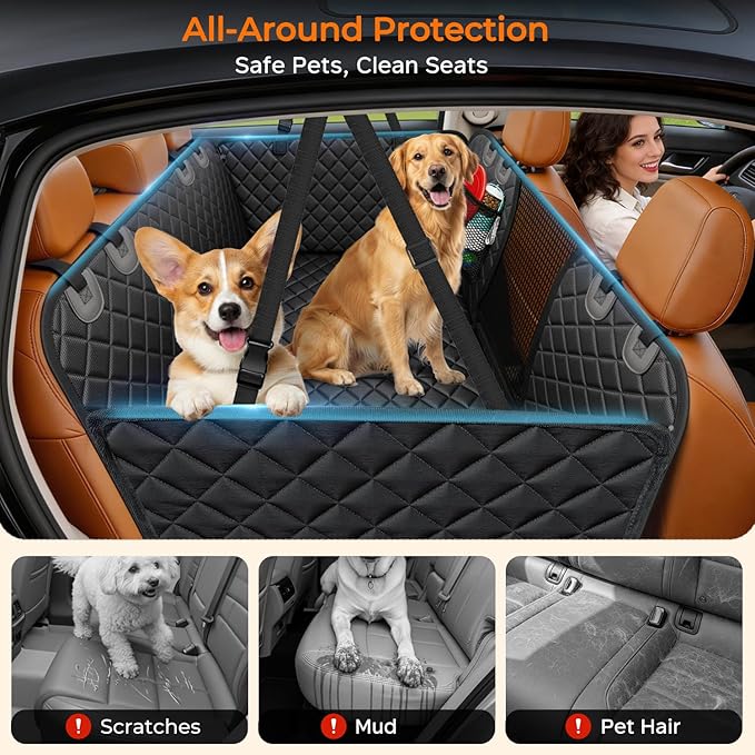 URPOWER Backseat Extender for Dogs - Hard Bottom Dog Car Seat Cover for Back Seat, Dog Hammock for Car and SUV, Pet Rear Seat Protector Dogs Travel Bed with Mesh Window