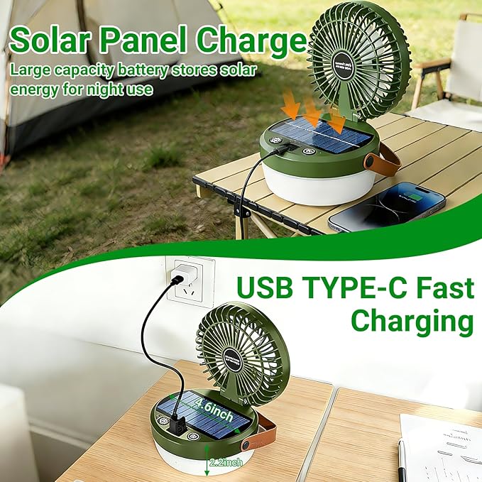 3-in-1 Camping Fan, Portable Solar Fan Rechargeable with LED Lantern, Battery Powered & Solar Camping Fan Light with Hanging Hook for Tent, 3 Speeds USB Fans for Camping Essentials, RV Travel, Outdoor