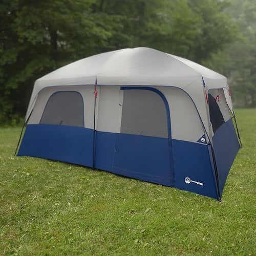 10 Person Camping Tent - Large Outdoor Tent with Room Divider and Rainfly - Family Camping House with 2 Doors and 4 Screen Windows by Wakeman Outdoors (Navy)