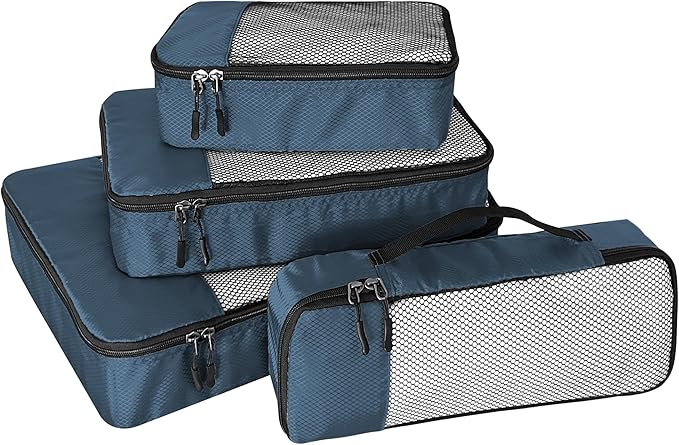 WTREE 4-Piece Packing Cubes Travel Accessories Set for Suitcases - Luggage Organizer Bags with Double Zipper - Mesh Top - Small/Medium/Large/Slim - Dark Blue