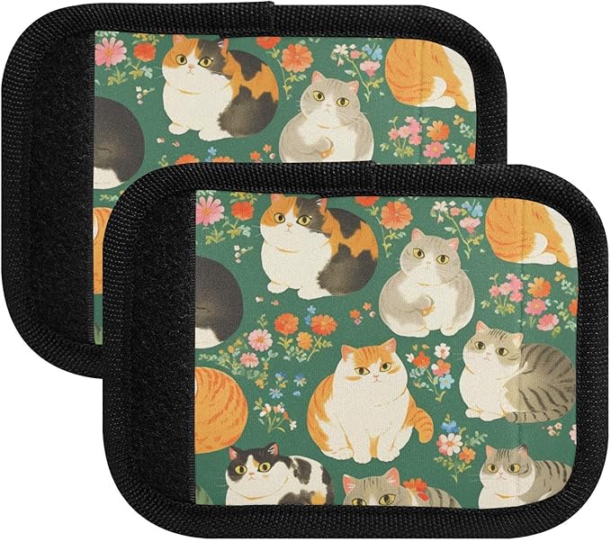 4 PC Luggage Handle Wrap Luggage Handle Covers Tags for Suitcase Bags Travel Luggage Handle Identifier Gripper Scottish Fold Cats Flowers Green