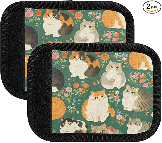 2 PC Luggage Handle Wrap Luggage Handle Covers Tags for Suitcase Bags Travel Luggage Handle Identifier Gripper Scottish Fold Cats Flowers Green