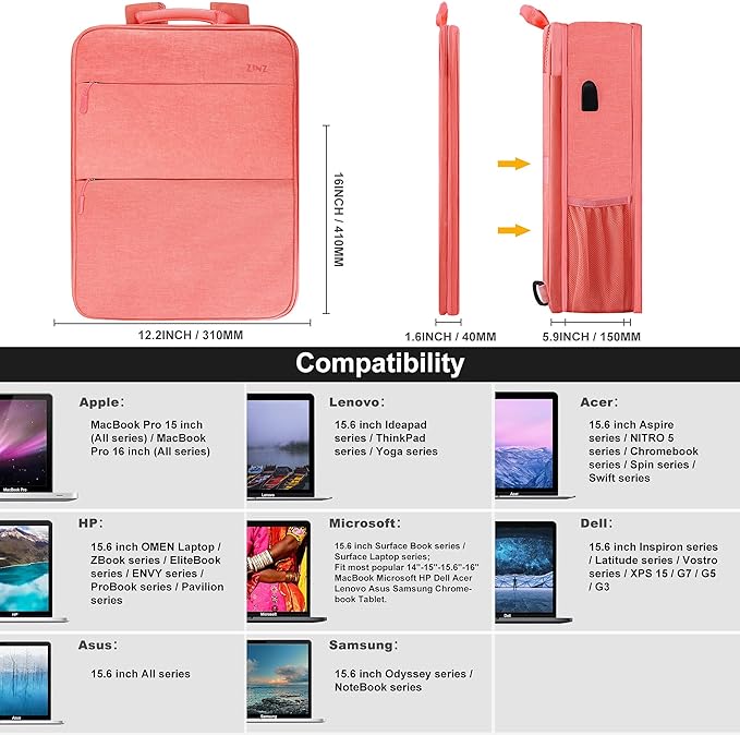 ZINZ Slim & Expandable Laptop Backpack 15 15.6 16 Inch Case, Water Resistant Travel Backpack Compatible with MacBook Pro/Neo 16" 15", Dell XPS 15 16 and Most 15" 15.6" 16" Notebooks，P01K01