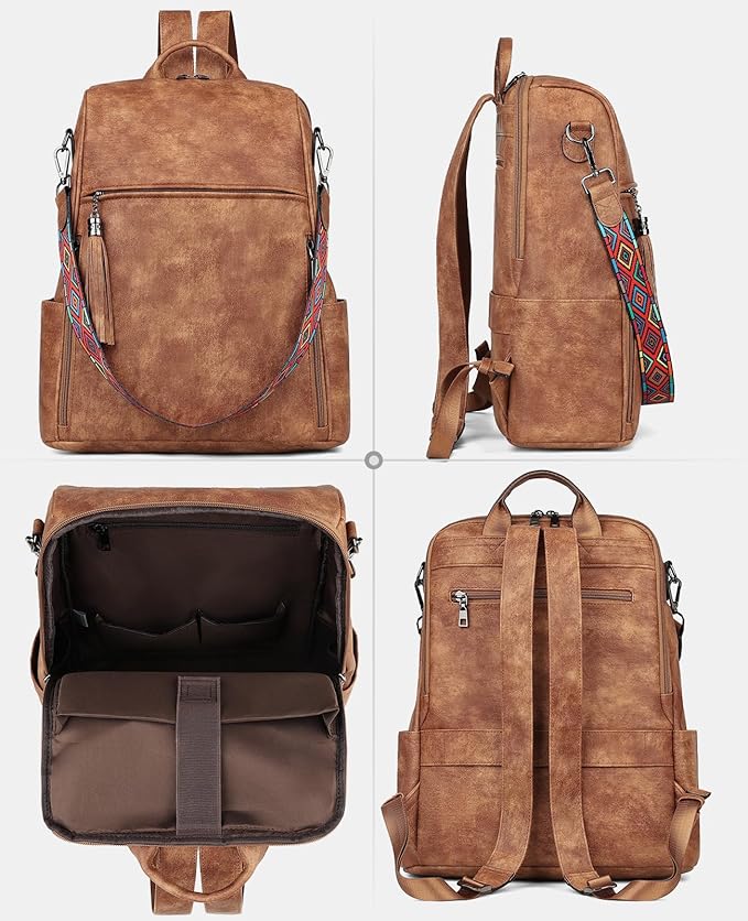 FADEON Leather Laptop Backpack for Women Designer 15.6 inch PU Laptop Bag, Ladies Travel Computer Work Backpack Brown