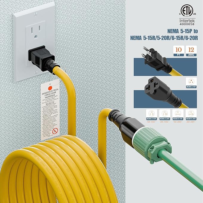 4 in1 NEMA 5-15P Extension Cord, Winxus 10FT NEMA 5-15P to 5-15R, 5-20R, 6-15R, 6-20R Adapter Cord, 15A to 20A AC Adapter Cable, 10FT 3 Prong Extension Cords
