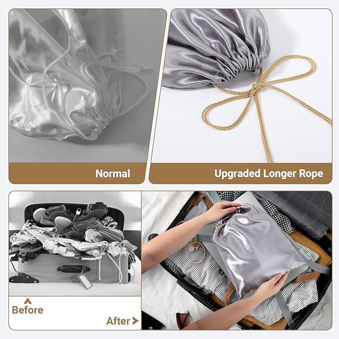 Ewen 3pcs Satin Drawstring Dustbags for Handbags with Blank Tags, Dustproof Travel Essentials Organizer Pouch in Small Medium Large Sizes, Packing Bag Set for Home Storage Jewelry Shoes Organization