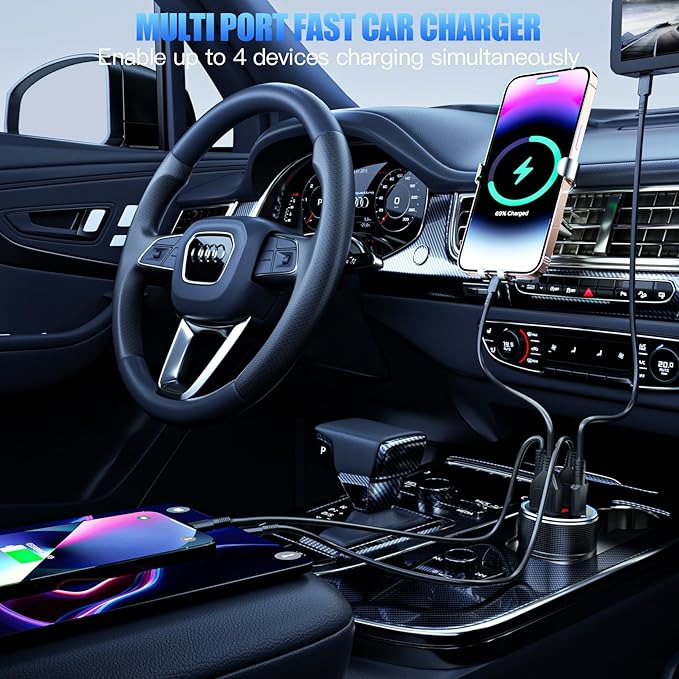 USB C Car Charger, 78W 4 Port Fast Charging Car Phone Charger Adapter with Voltage Monitor, Metal PD PPS Dual USB C Car USB Adapter for iPhone 17 16 15 Pro, iPad, Samsung Glaxy, Android