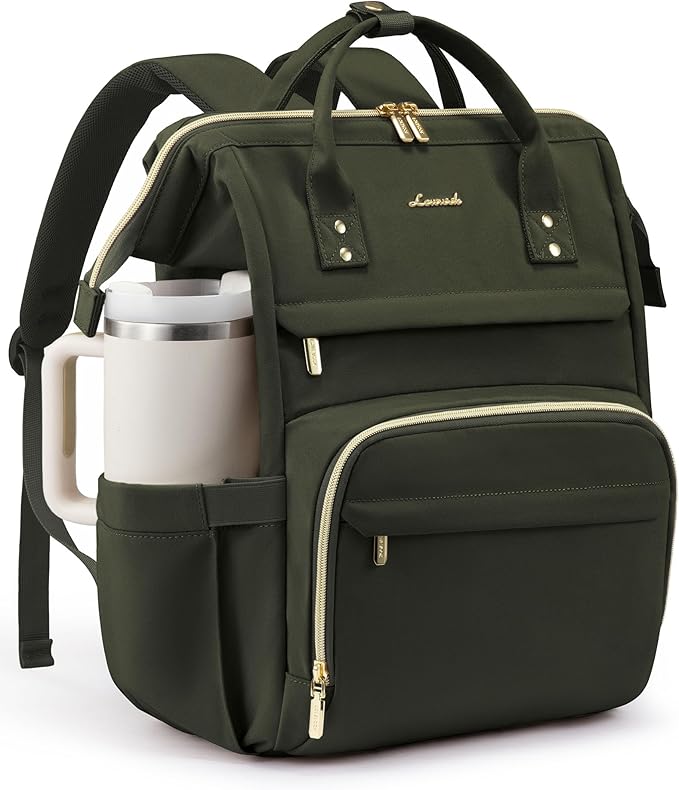 LOVEVOOK Laptop Backpack for Women with Giant Tumbler Holder Pocket,17 inch Waterproof Travel Backpack Purse Computer Laptop Bag,Professional Work College Nurse Teacher Backpack Daypack,Olive Green