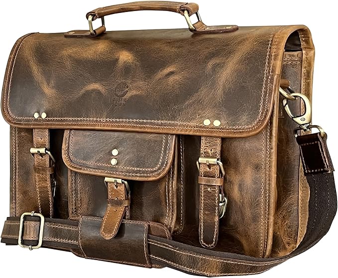 RUSTIC TOWN Leather Messenger Bag for Men - Full Grain Leather Briefcase Laptop Satchel Office Crossbody Travel Bag