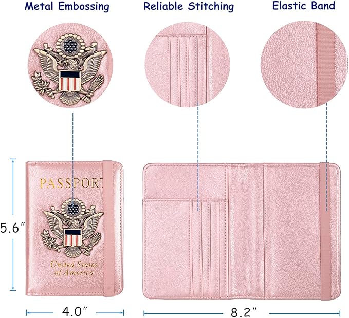 TOURSUIT RFID Blocking Passport Holder for Women Men, Leather Passport Travel Wallet with Metal 3D Metal Badge, Travel Document Holder Cover Accessories (Rose Gold)