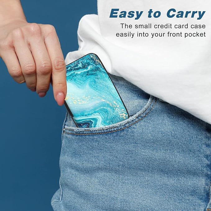 Credit Card Holder, Mini Aluminum Card Wallet RFID Blocking Slim Metal Hard Card Case for Women Men, Blue Ocean Marble
