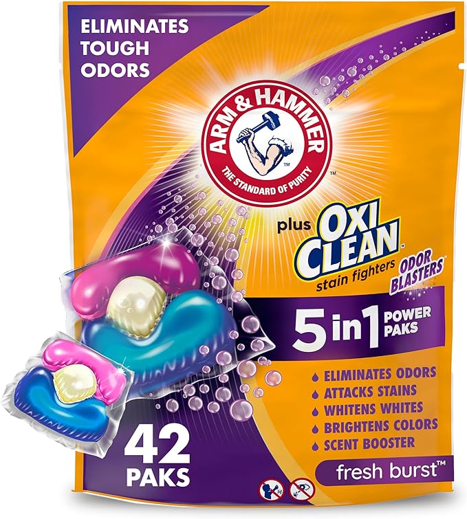 Arm & Hammer Plus OxiClean With Odor Blasters Laundry Detergent 5-IN-1 Power Paks, 42CT (Packaging may vary)