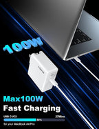 Mac Book Pro Charger, 100W USB C Fast Charger for MacBook Pro/MacBook Air 16 15 14 13 Inch, iPad Pro, iPhone 16/15 Pro and All USBC Devices, GaN Foldable Power Adapter with 10 FT USB C Charge Cable