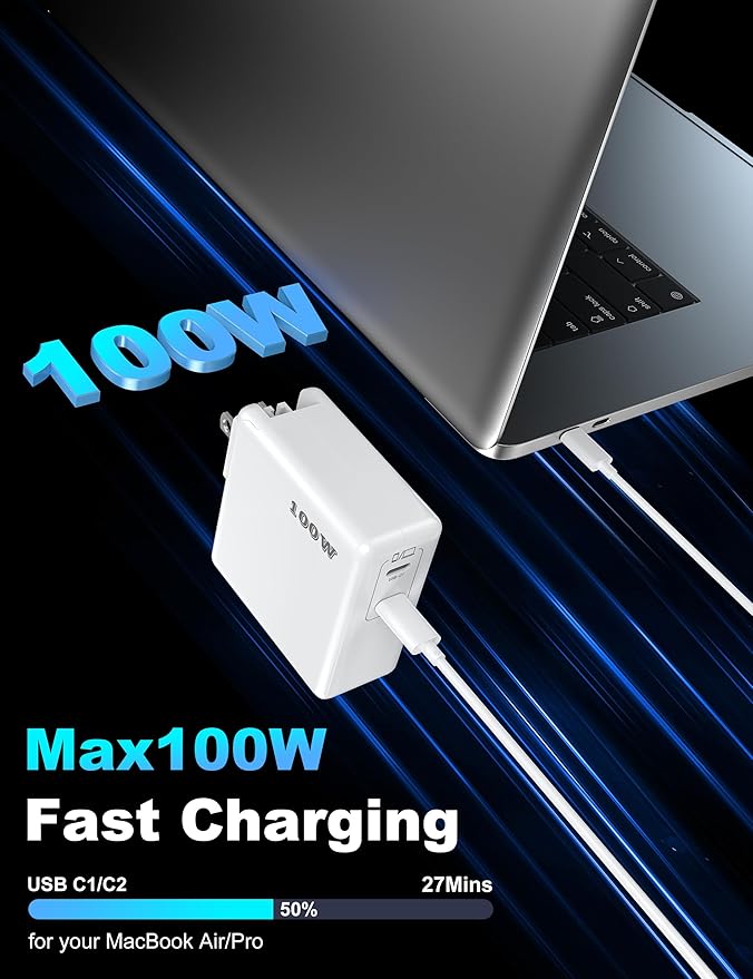 Mac Book Pro Charger, 100W USB C Fast Charger for MacBook Pro/MacBook Air 16 15 14 13 Inch, iPad Pro, iPhone 16/15 Pro and All USBC Devices, GaN Foldable Power Adapter with 10 FT USB C Charge Cable