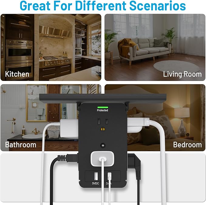 Socket Wall Shelf-CFMASTER 10 Port Surge Protector Wall Outlet, 8 Electrical Outlet Extenders and 2 USB Ports 2.4A, with Removable Built-In Shelf, FCC Listed (2, Black)