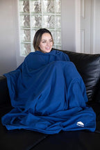 BlueHills Premium Soft Compact Travel Blanket Value Pack Set of 2 - Airplane Flight Blanket Throw in Soft with Luggage Belt Compact Pack Large Blanket for Travel Black and Navy Blue Color
