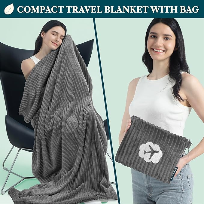 PAVILIA Travel Blanket Pillow, Airplane Blanket Set in Soft Bag with Pockets, Plane Blanket Compact Packable, Flight Essentials Car Pillow, Travelers Accessories Gifts, Luggage Strap, Gray