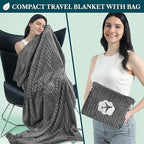 PAVILIA Travel Blanket Pillow, Airplane Blanket Set in Soft Bag with Pockets, Plane Blanket Compact Packable, Flight Essentials Car Pillow, Travelers Accessories Gifts, Luggage Strap, Gray