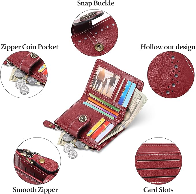 Small Wallet for Women Bifold Credit Card Holder RFID Blocking with Zipper Pocket
