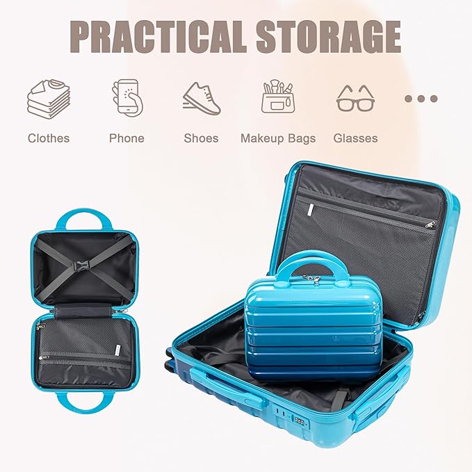 20 Inch Carry on Luggage with 14 Inch Cosmetic Case, 2 Pcs Hardshell Lightweight Durable Spinner Suitcase Set for Travel, Women, Men, TSA Lock, ABS, 20+14 Inch, Navy Light Blue