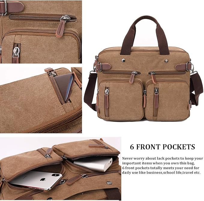 CROCOD 3 In 1 Canvas Convertible Laptop Bag for Men Women, 17.3 inch Laptop Messenger Bag Work Briefcase, Computer Shoulder Bag for Travel Business Office (17.3 Inch, Coffee) | 3 In 1, Multi-pocket