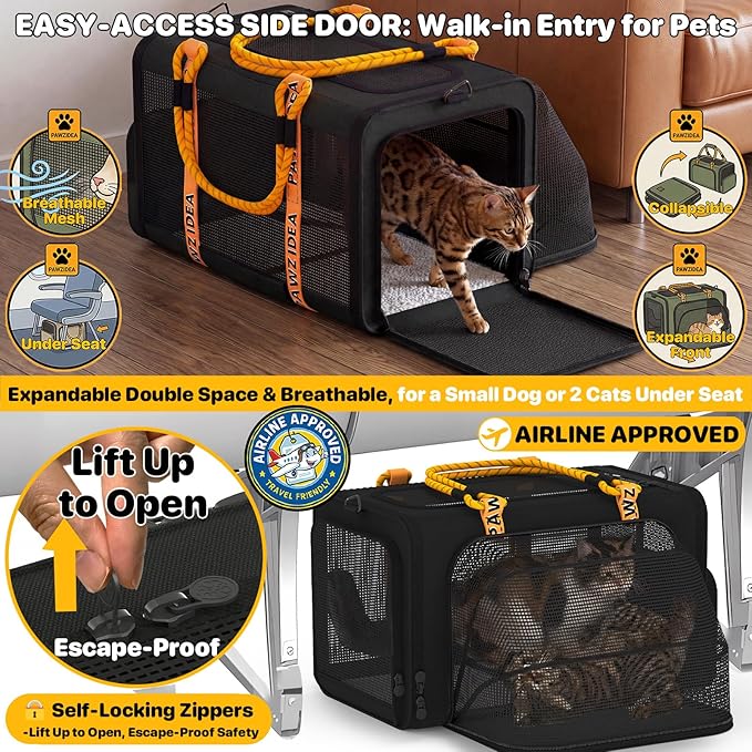 PAWZIDEA Expandable Pet Carrier Airline Approved, 18"×11"×11" Small Dog Carriers, Collapsible Top-Load Cat Carrier for 2 Cats Under Seat, Soft-Sided Puppy & Animal Travel Bag, ID Card, Up to 15lbs