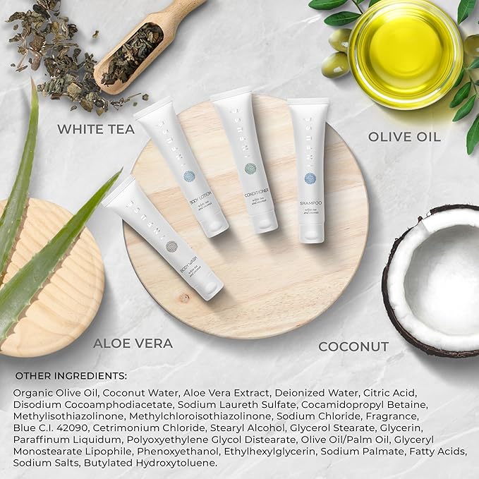 Infuse Pure White Tea and Coconut All-In-Kit Hotel Soaps and Toiletries Bulk Set | 1oz Shampoo & Conditioner, Body Wash, Lotion & 1.25oz Bar Soap | Travel Size 75 Pieces.