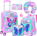 5Pcs Kids Luggage Set, 16" Girls Travel Suitcase with Spinner Wheels, Butterfly Hardside Carry on Toddler Rolling Suitcase Airline Approved（Pink）