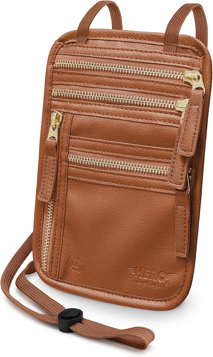 HERO Neck Wallet, RFID Blocking Vegan Leather Passport Holder Travel Pouch (Tan)