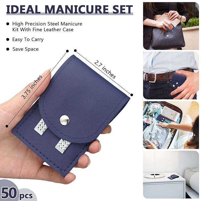 Geosar 50 Set Travel Manicure Kit Bulk Professional Nail Clippers Pedicure Nail Care Tools Grooming Stainless Steel Set with Portable Travel Case, Gift for Christmas Men Women(Navy Blue)