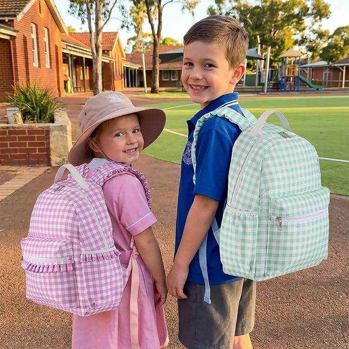 DYSHAYEN Gingham Kids Backpack,15 Inch School Backpack for Girls Boys,Kindergarten Large Bookbag Age 5-8 for Birthday Gifts School Overnight (Green)