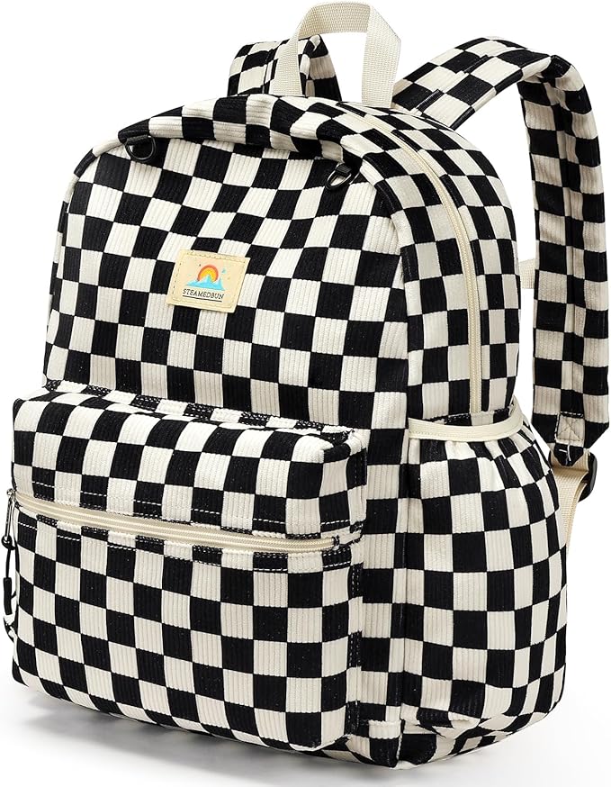 STEAMEDBUN Corduroy Kids Backpack for Girls and Boys 5-8: Boys Backpack for Elementary Kindergarten - 15 inch Cute Backpacks for Kids - Checkered