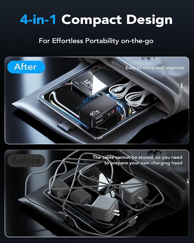 Retractable USB C Charger Wall Plug with 35.5in/90cm Type C Cables Cords,40W Fast Charging Foldable Block Multi Charger for All Devices for iPhone 17/16/15/14/13/12,iPad,Galaxy,Pixel